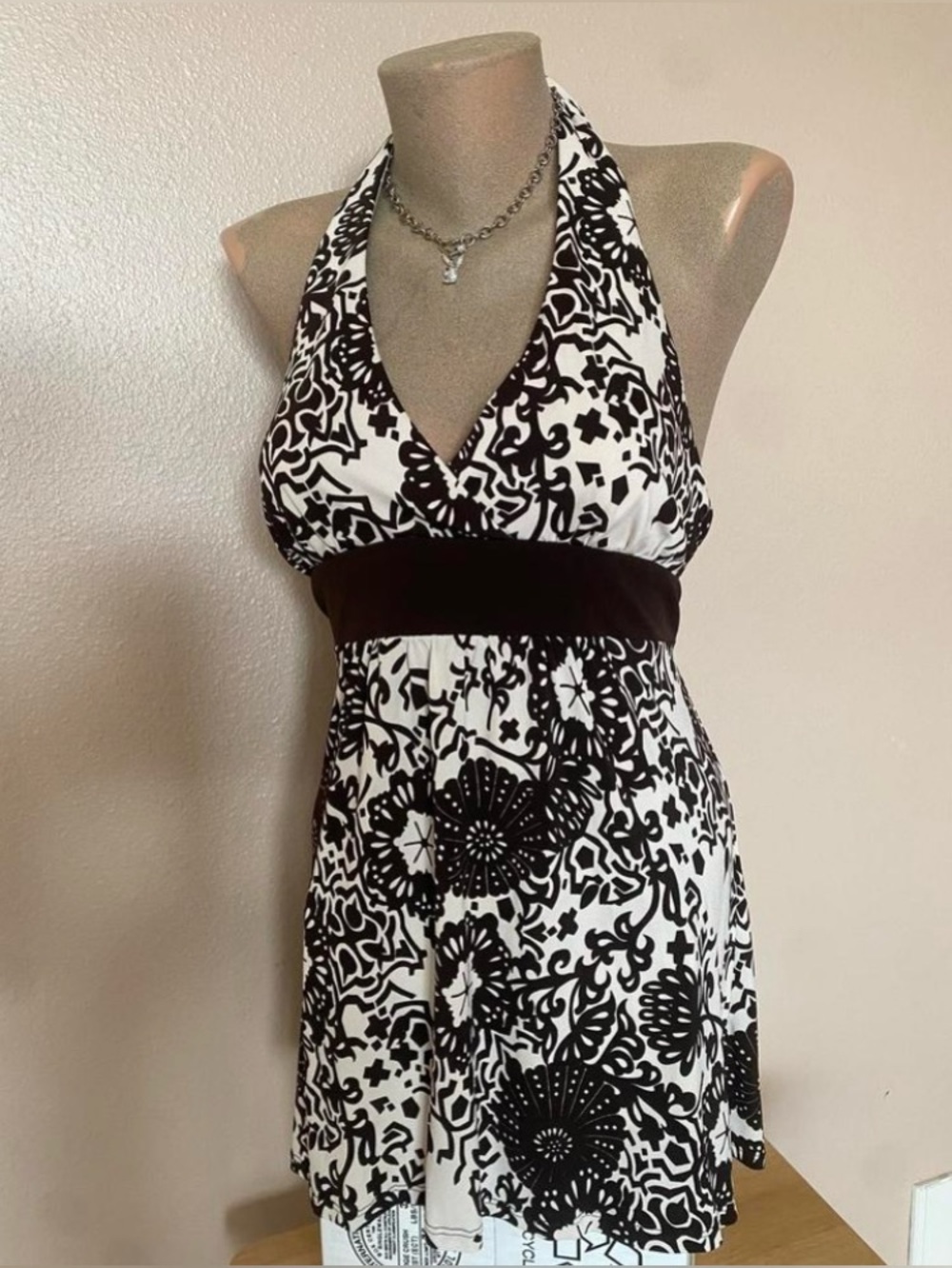 Y2k Brown & White Floral Print Halter Babydoll Top with Tie Back